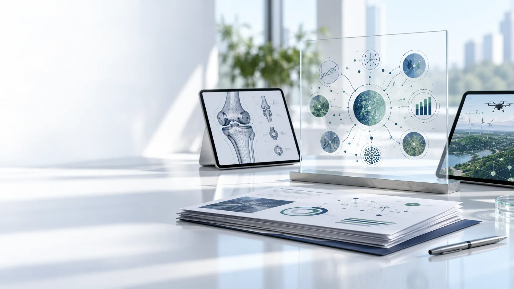Research pages and schematic displays connecting healthcare and technology evidence.
