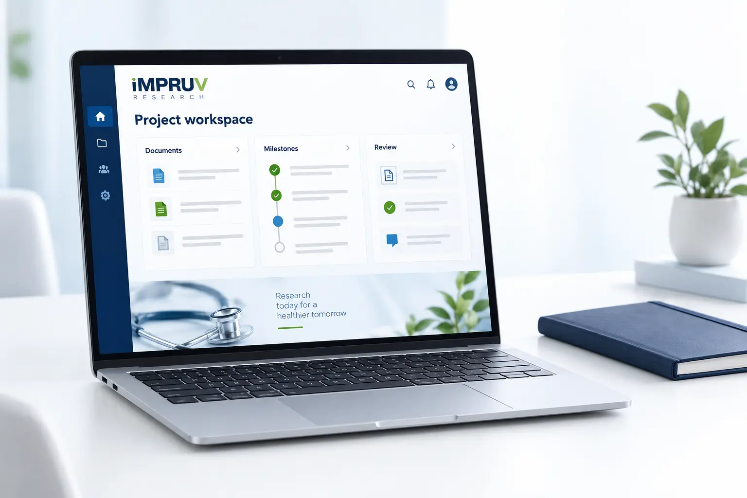 Illustrative iMPRUV Research workspace on a laptop, with document, milestone, and review panels.