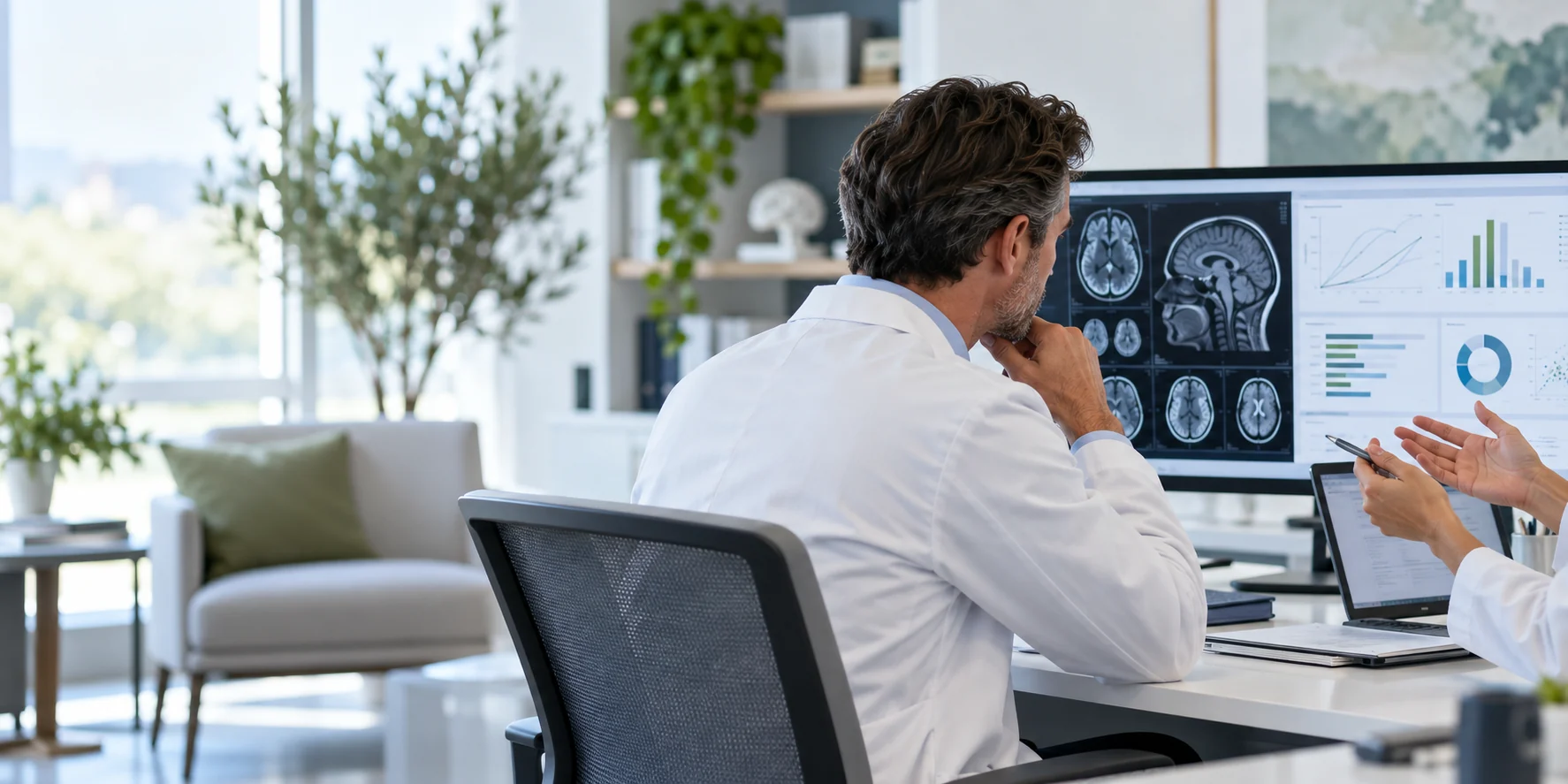 Clinician researcher and colleague reviewing medical imaging and research charts in a bright office.