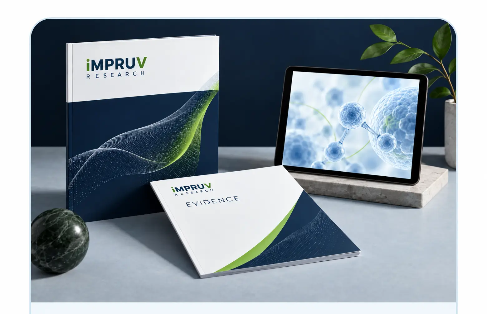 Illustrative iMPRUV Research publications in navy, white, and green beside a tablet displaying molecular healthcare imagery.