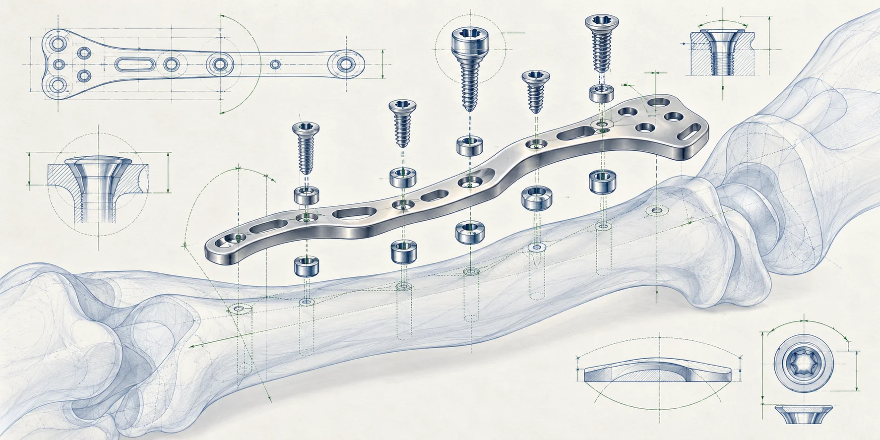 Conceptual schematic of a medical device fixation plate, components, and anatomical outline.