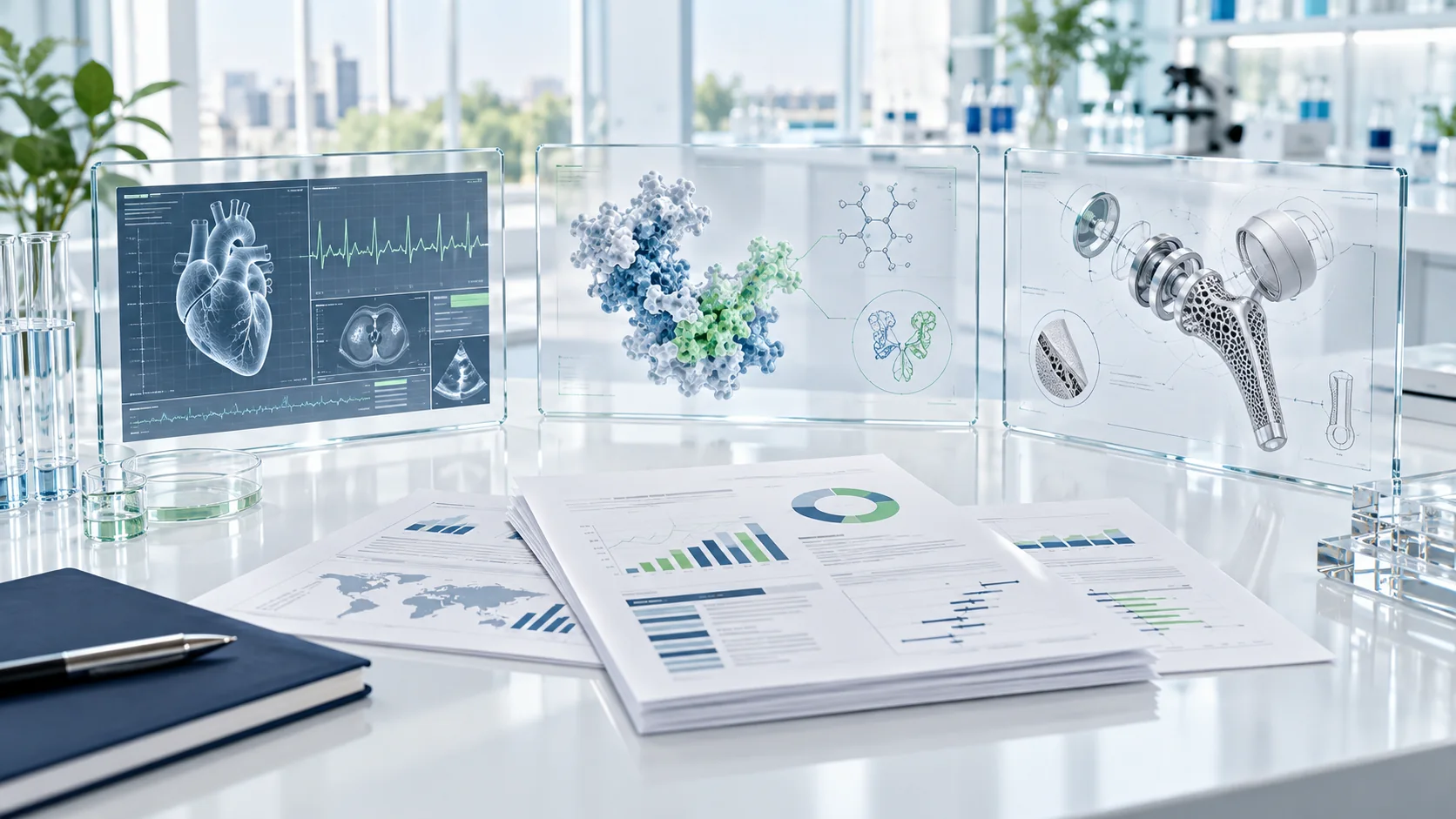 Healthcare research displays spanning cardiovascular, biologic, and medical device evidence.