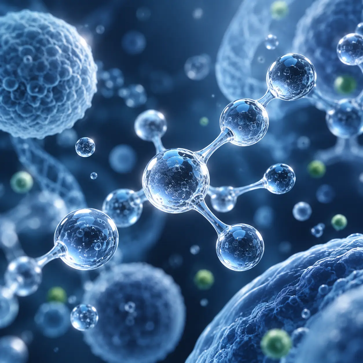 Abstract molecular and cellular illustration representing healthcare research and innovation.