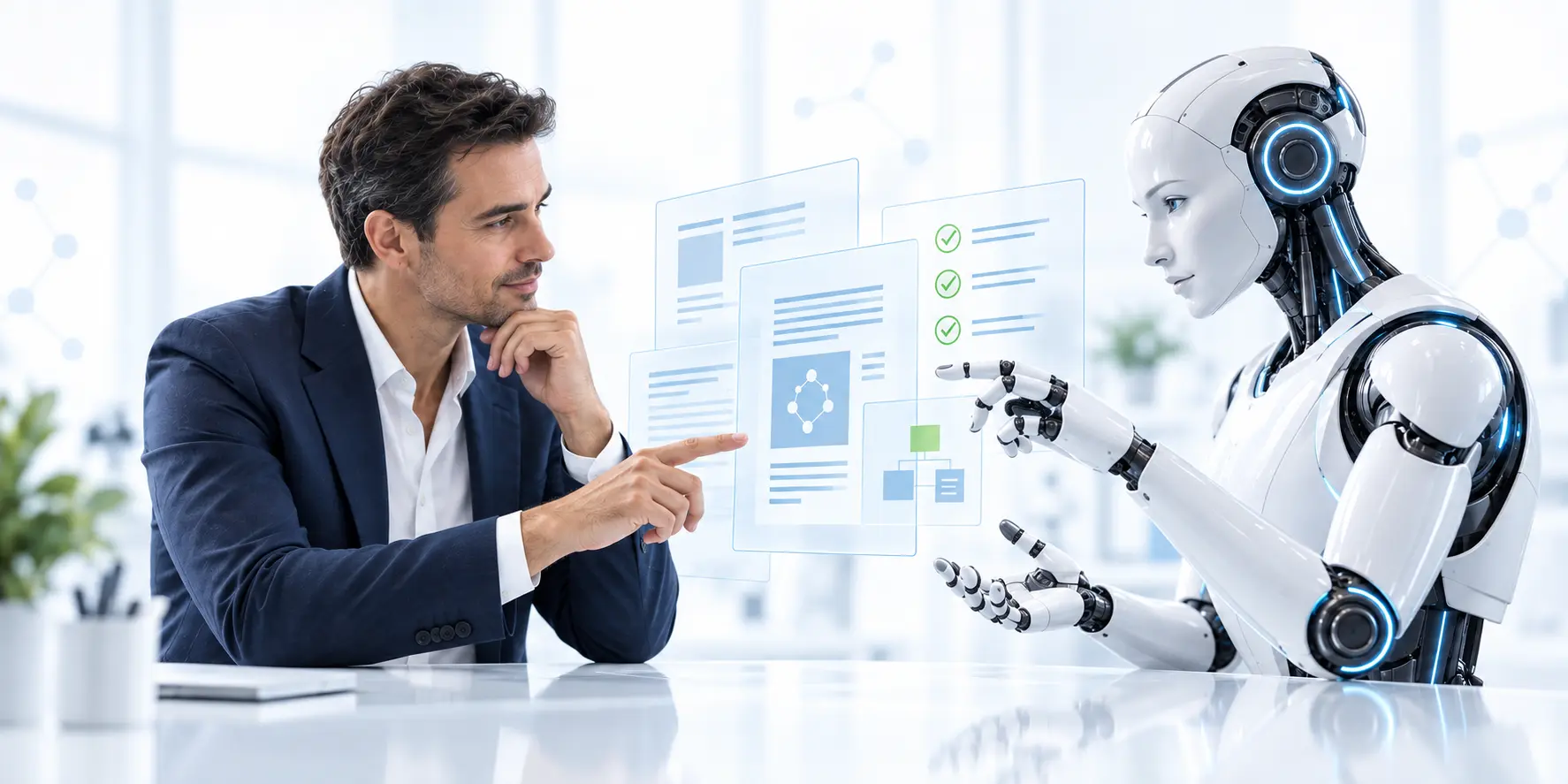 Illustration of a male research professional and an AI robot reviewing evidence together in a bright clinical workspace.