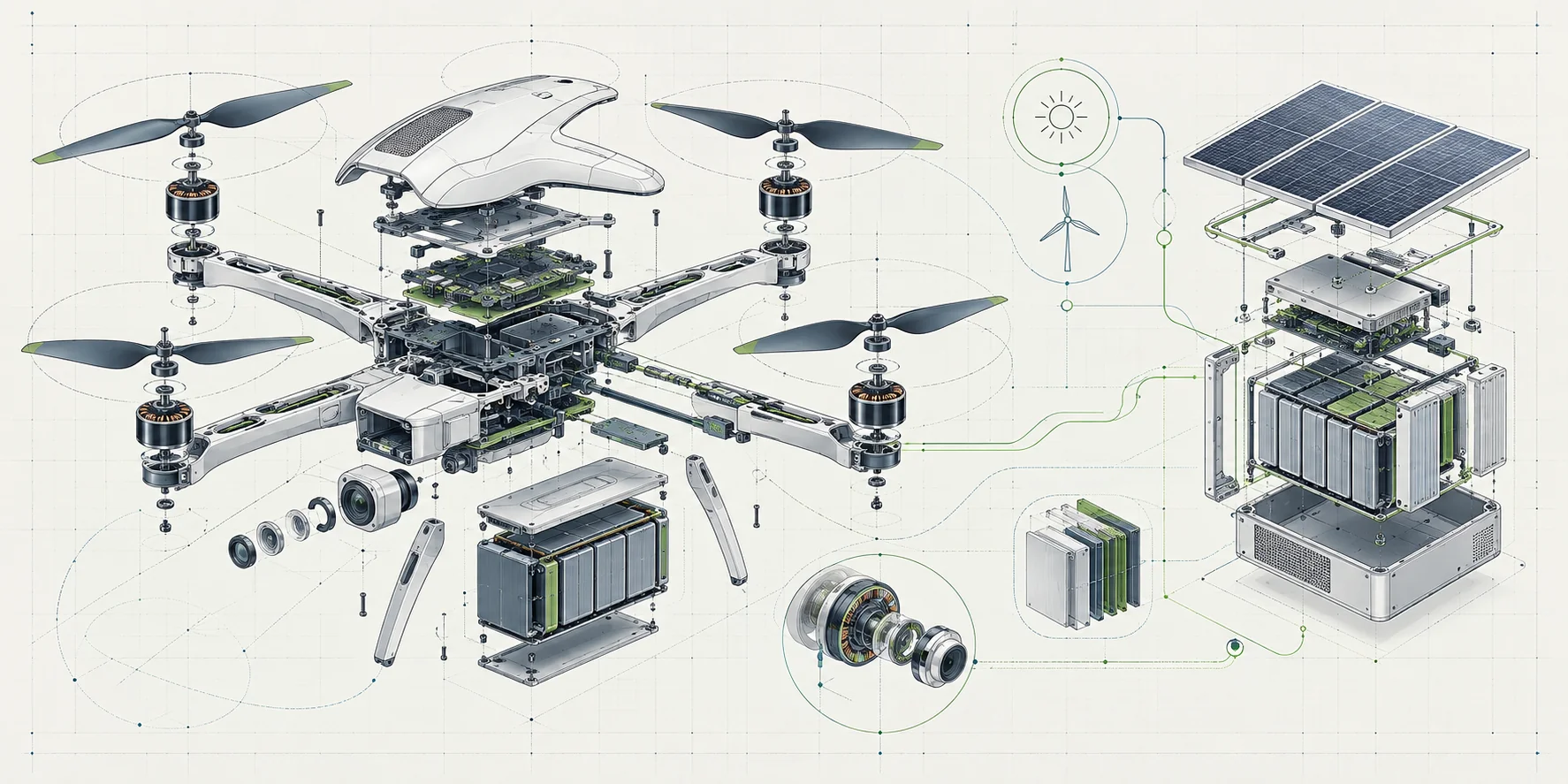 Conceptual schematic of a modular drone and renewable energy storage system.
