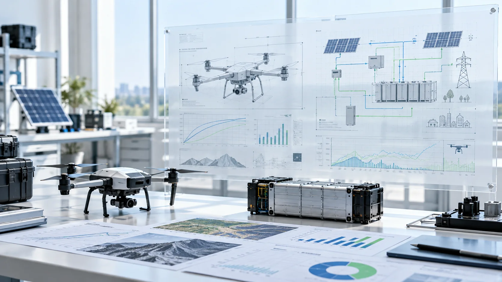 Technology evaluation workspace with engineering schematics and research data.