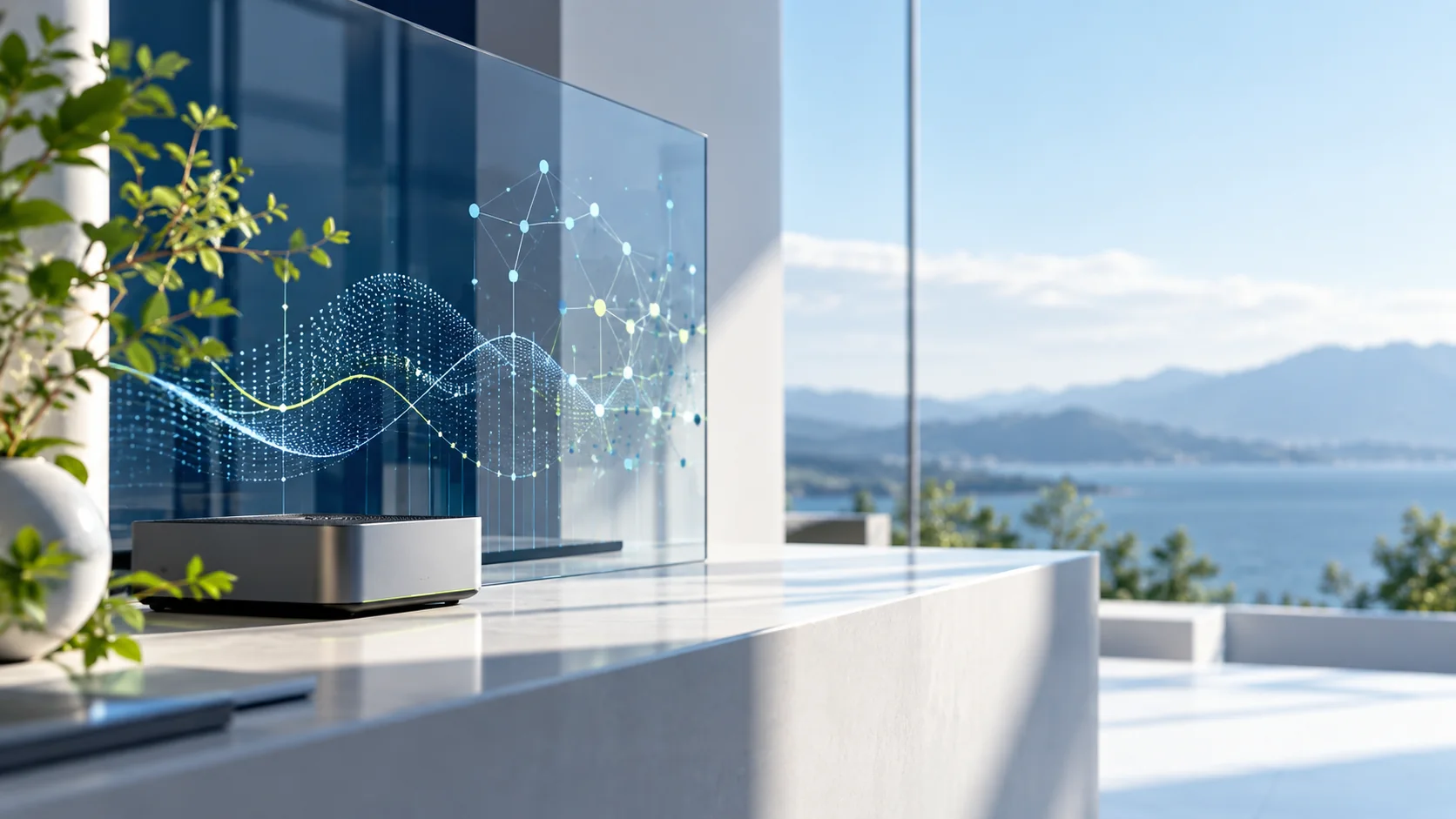 Glass data display and connected analytic patterns in a bright technology research workspace.